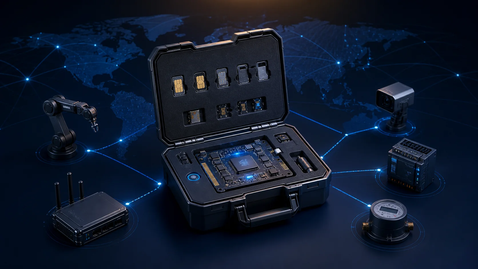 Набор для испытаний IoT-есим рядом с промышленными подключёнными устройствами