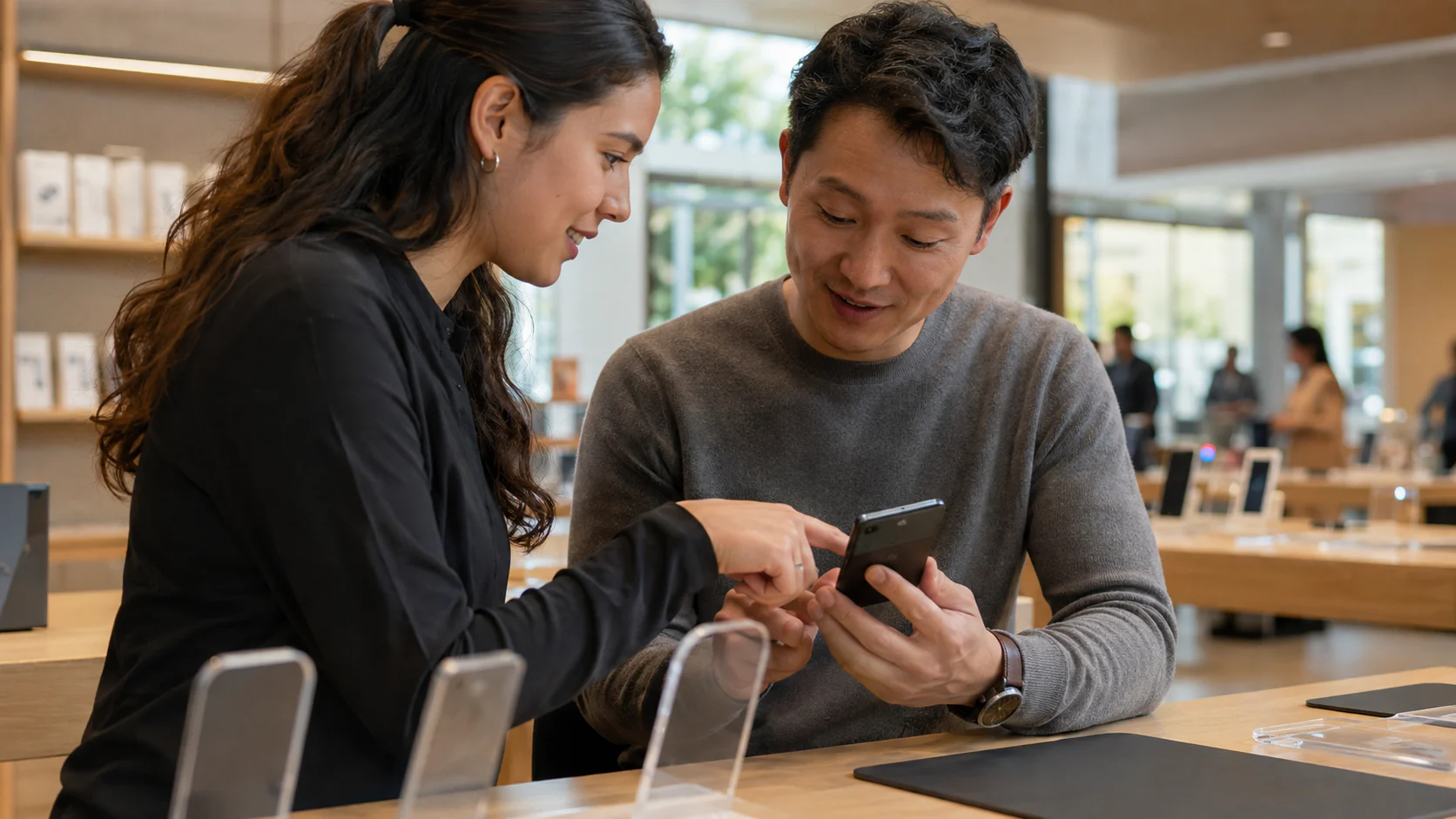 A customer and retail specialist set up a new smartphone in an electronics store