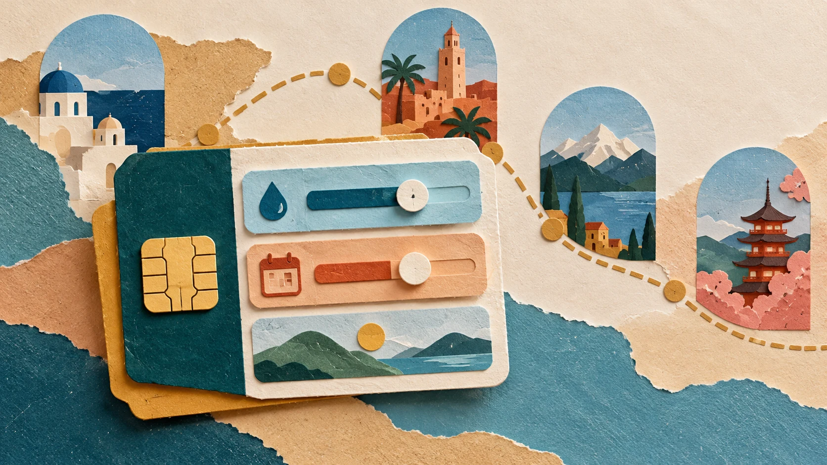 A paper collage with modular data-plan controls and a route between destinations